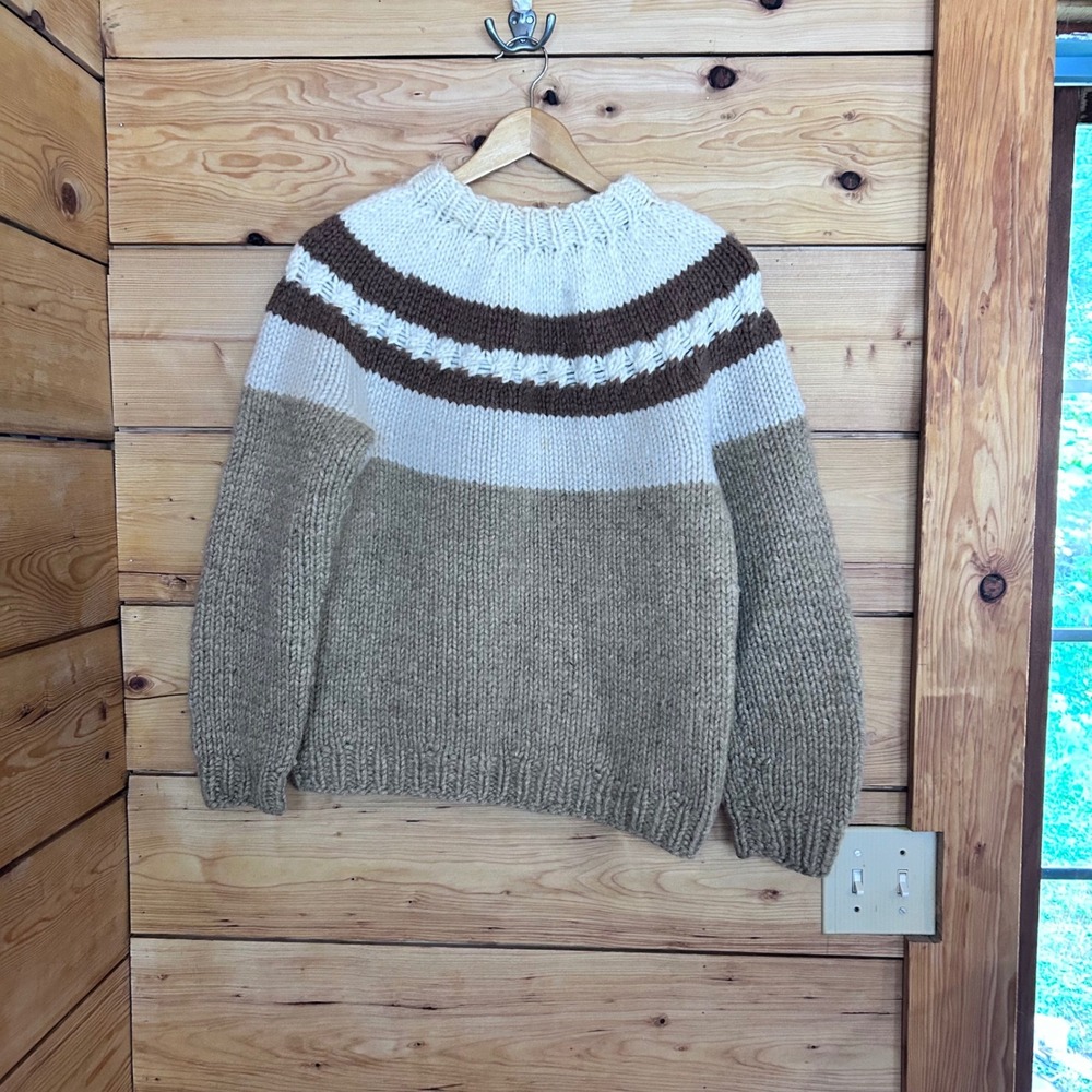 Vintage Wool Sweater Mens Large Cream Tan Chunky Cowichan Nordic MCM Handmade